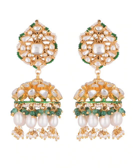 Jhumki earrings with white jadtar stones , beaded with pearls and emerald beads