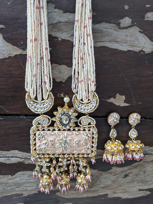 GOLD PLATED PASTEL PINK MEENA WORK PENDANT SET