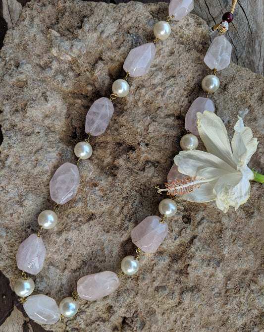light pink beads and pearls layered mala
