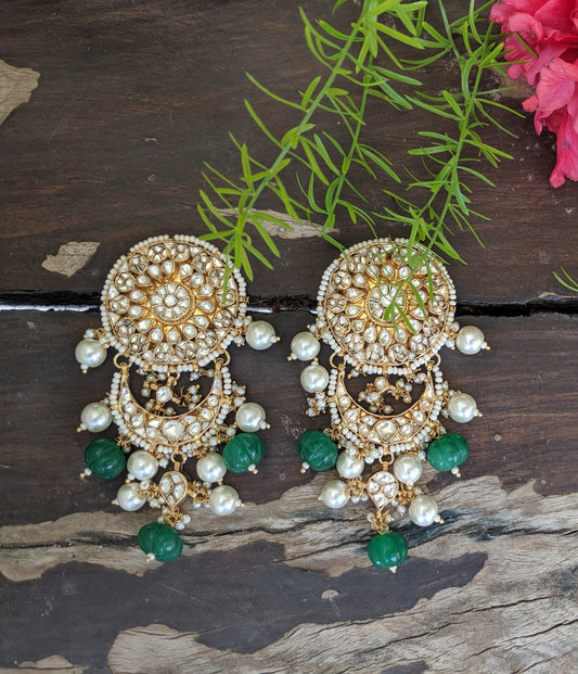 ROUND EARRINGS STUDDED WITH WHITE JADTAR STONES AND WHITE PEARL AND GREEN BEAD HANGINGS