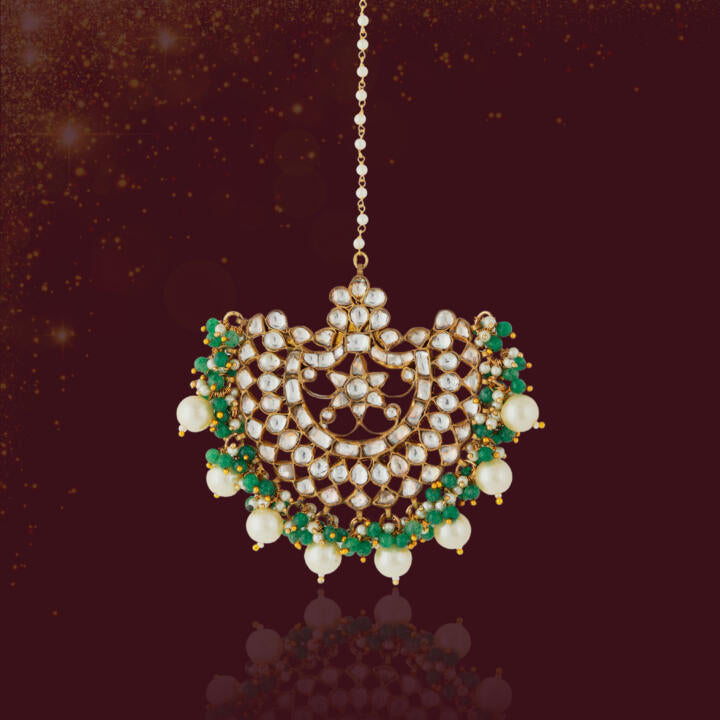 Indian wedding Mehendi jewelery,Emerald sea green bead pearl Maangtikka
