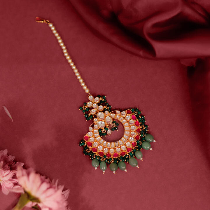 Pink Stone Sea Green Beads Flower Work White Jadtar Stone Tikka