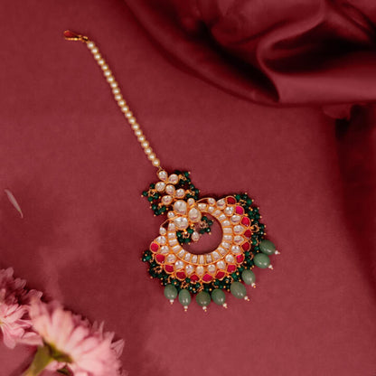 Pink Stone Sea Green Beads Flower Work White Jadtar Stone Tikka