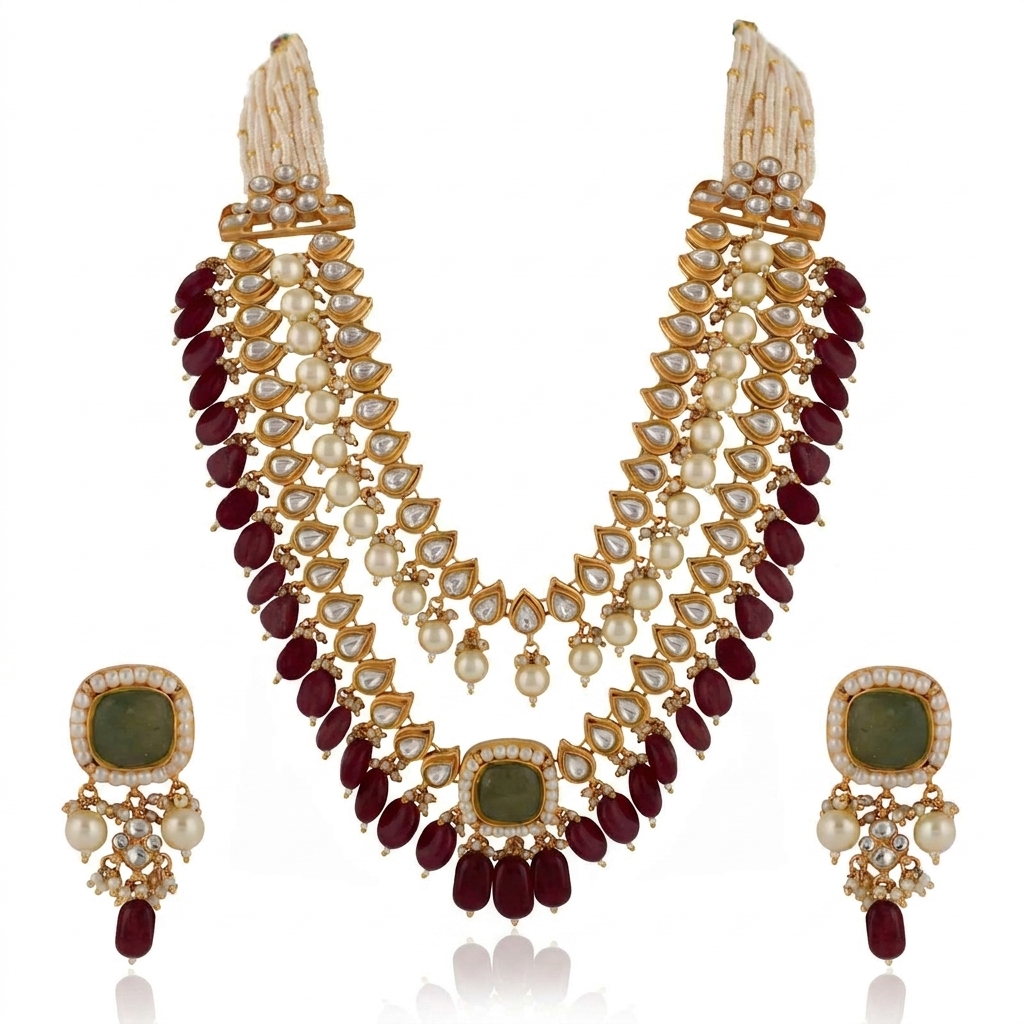 Indian Handcrafted Jadtar White & Mint Green Bridal Special Double Layered Necklace Set