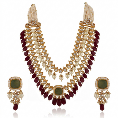 Indian Handcrafted Jadtar White & Mint Green Bridal Special Double Layered Necklace Set
