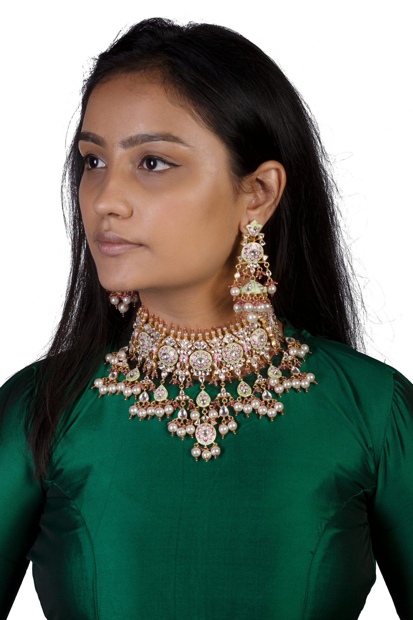 Meenakari worked heavy Necklace set with long earrings