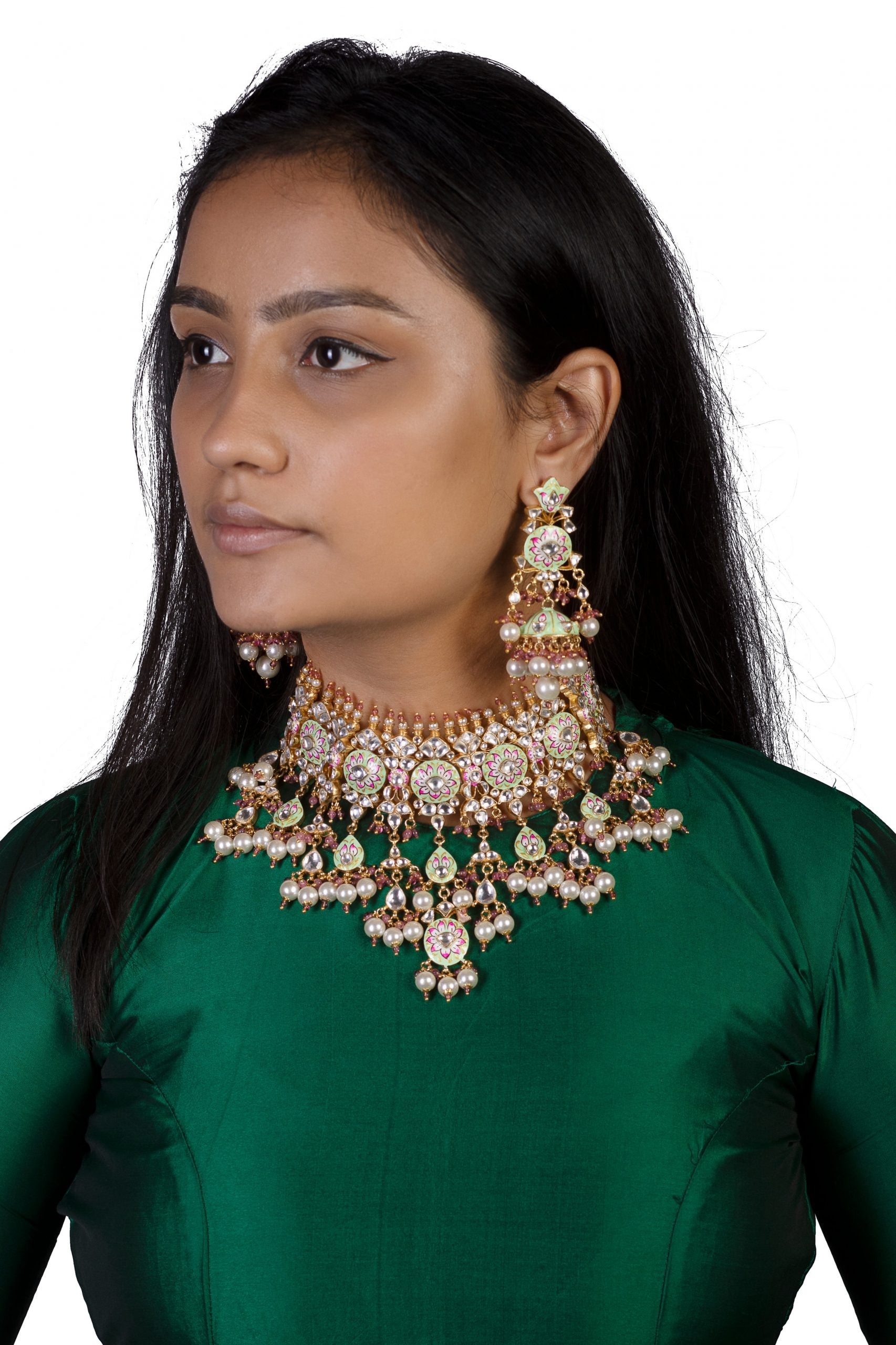 Meenakari worked heavy Necklace set with long earrings