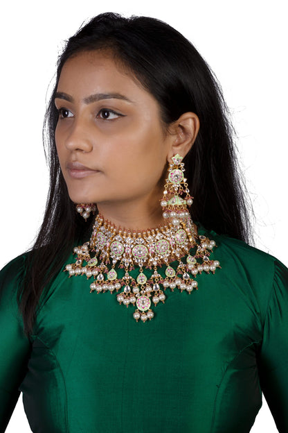 Meenakari worked heavy Necklace set with long earrings
