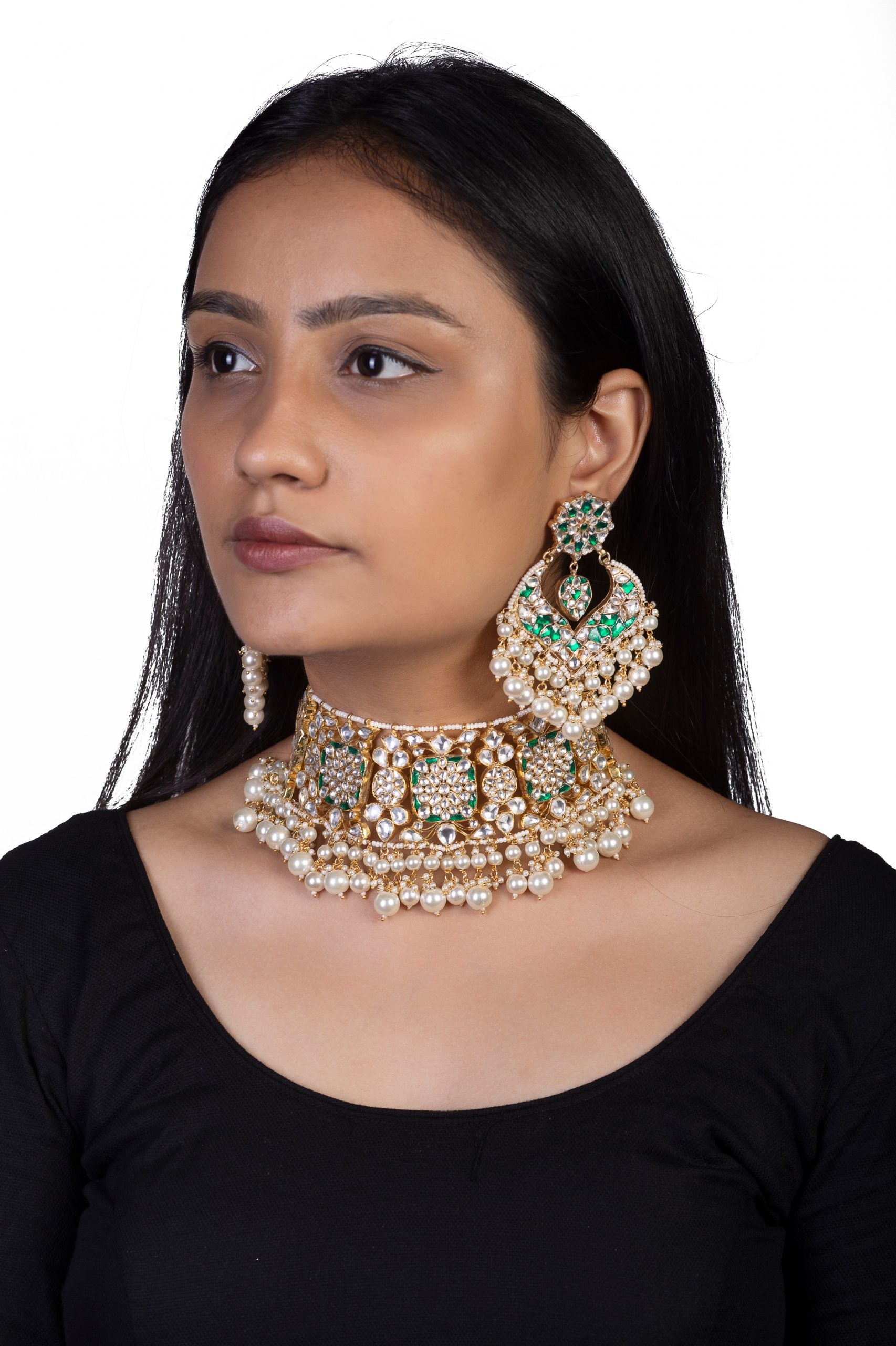 Gold Plated GREEN AND WHITE NECKLACE SET