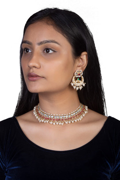 RED AND WHITE SMALL JADTAR STONE SINGLE LINE NECKLACE WITH PEARL