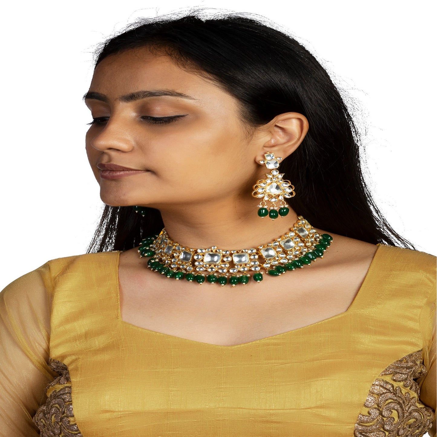 Simple necklace set of jadtar, pearls and beads