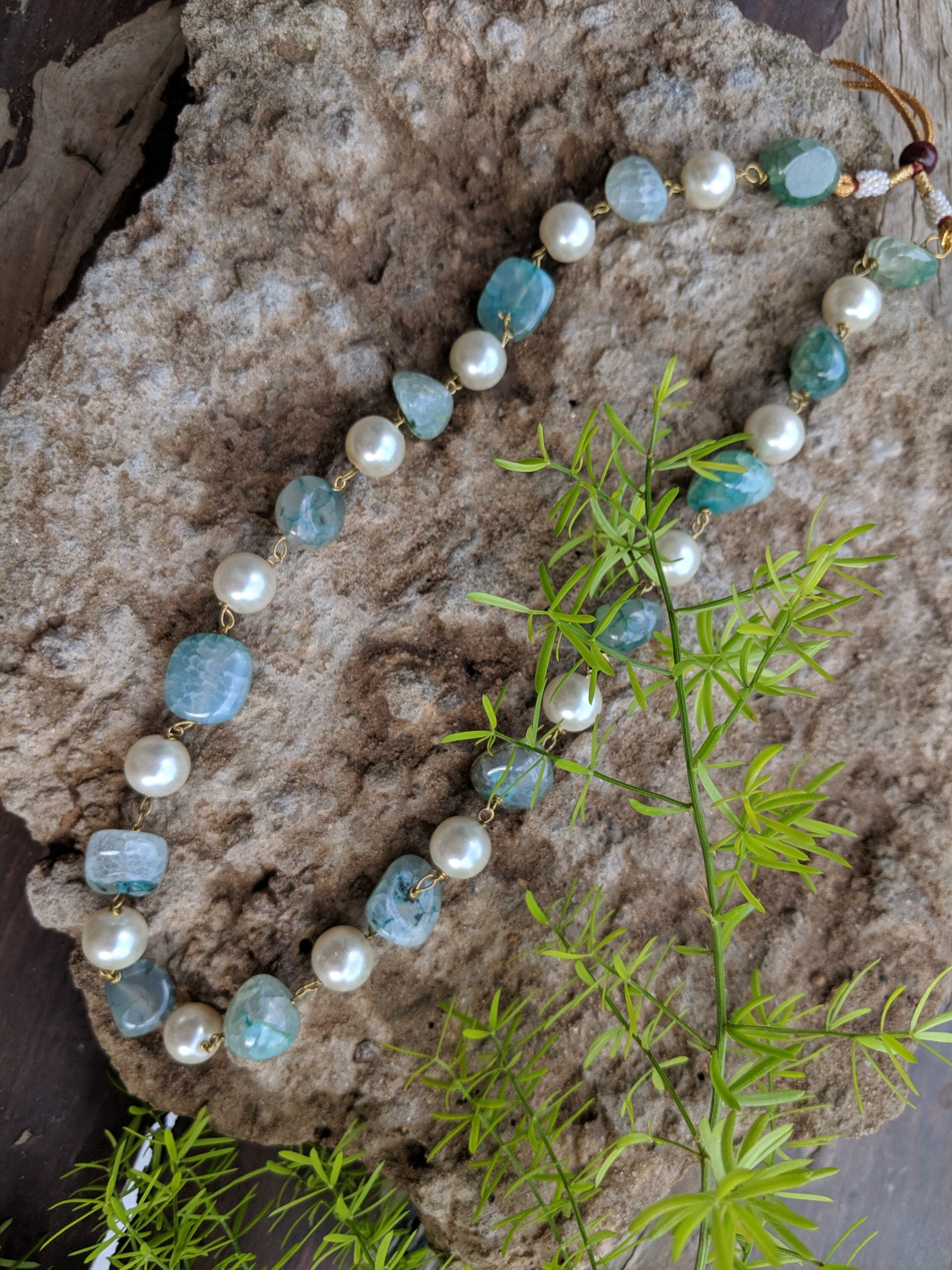 sea green beads and pearls layered mala