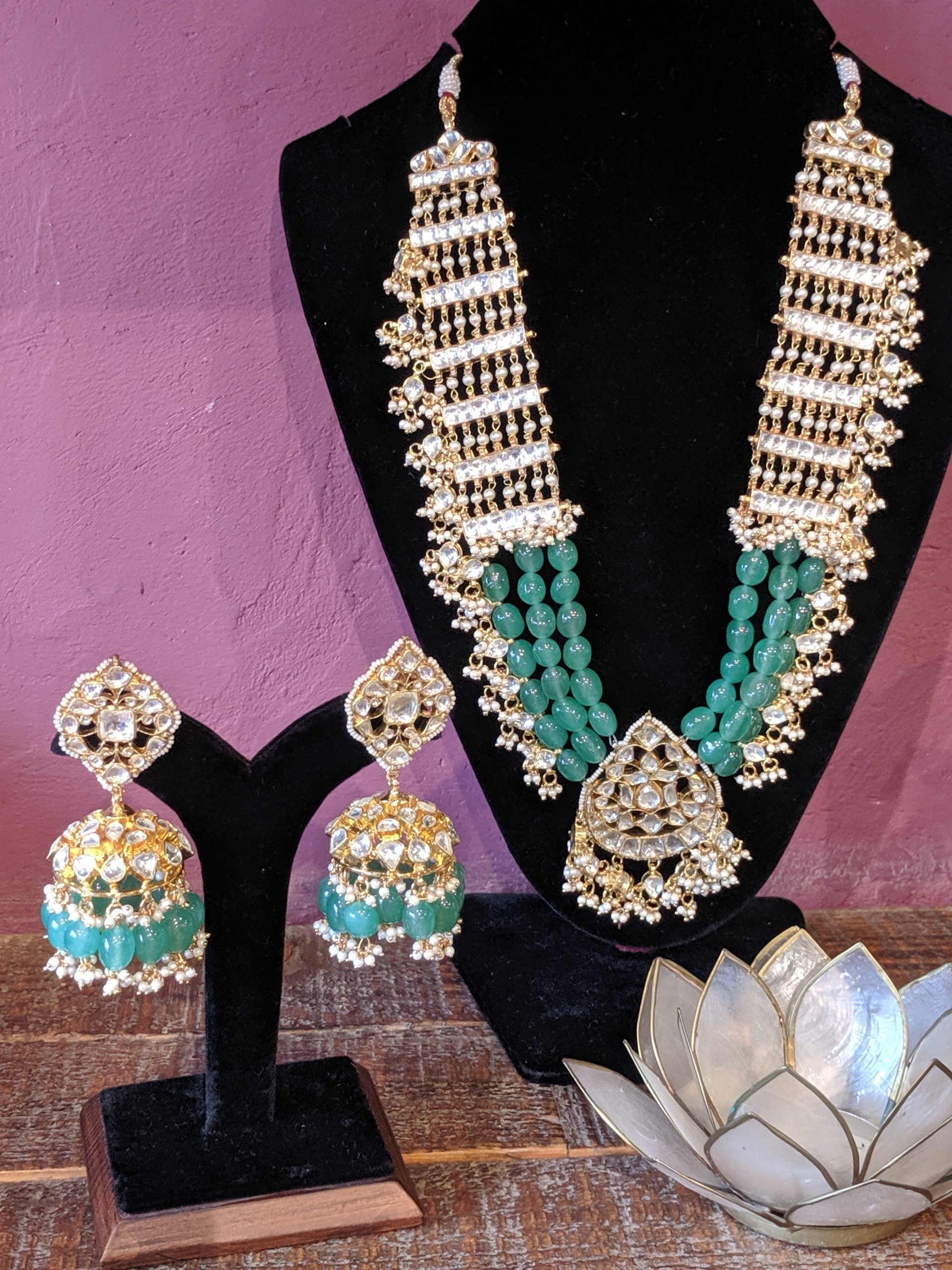 long pendant necklace with sea green beads
