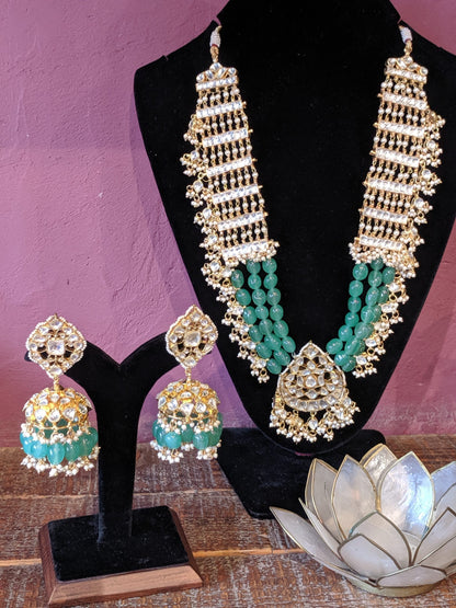 long pendant necklace with sea green beads