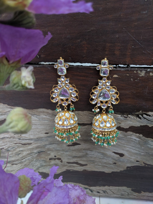 WHITE BIG JADTAR STONE LIGHT GREEN HANGINGS JHUMKI