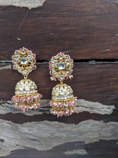 WHITE SMALL JADTAR STONE JHUMKI WITH LIGHT PINK HANGINGS