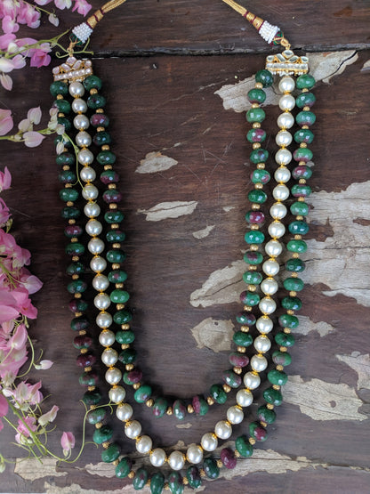 MULTI SHADE NECKLACE OF PINK AND GREEN WITH PEARL AND GOLDEN BEADES