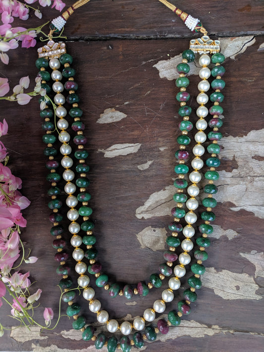 MULTI SHADE NECKLACE OF PINK AND GREEN WITH PEARL AND GOLDEN BEADES
