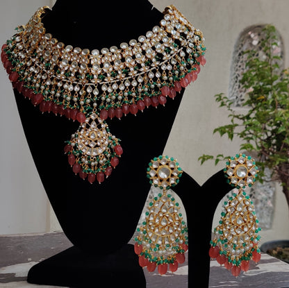 WHITE JADTAR STONE WITH PASTEL PINK & GREEN HEAVY BRIDAL NECKLACE SET
