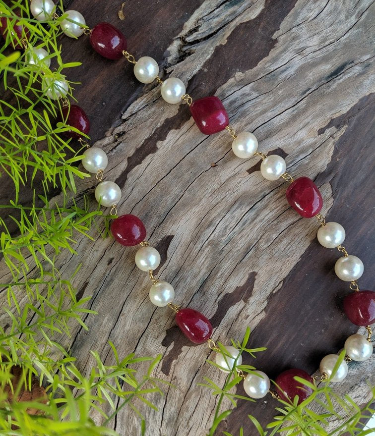 Red & White color beads and pearls layered mala