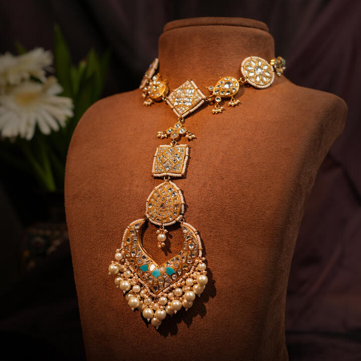 Sky Blue & White Gold Plated Jadtar Long Necklace With Stunnning Earring With White Pearl