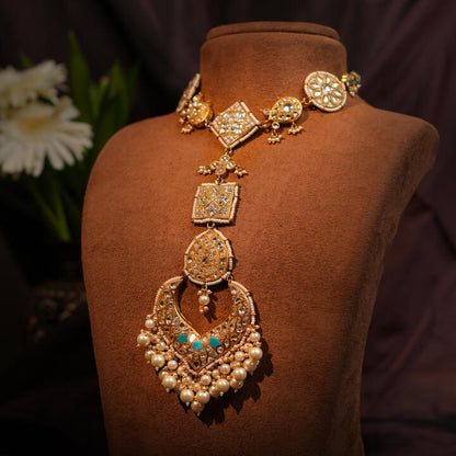 Sky Blue & White Gold Plated Jadtar Long Necklace With Stunnning Earring With White Pearl