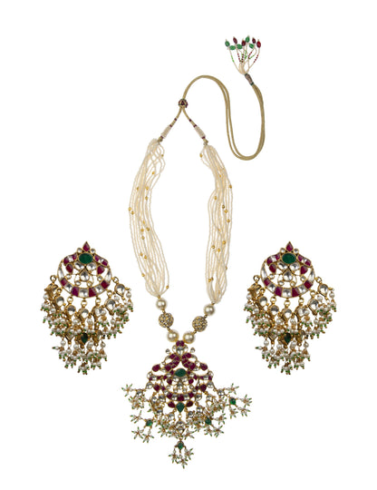 Gold Plated Pink and Green Pendant Set With Earrings
