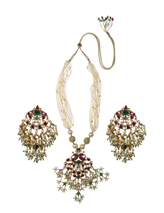 Gold Plated Pink and Green Pendant Set With Earrings