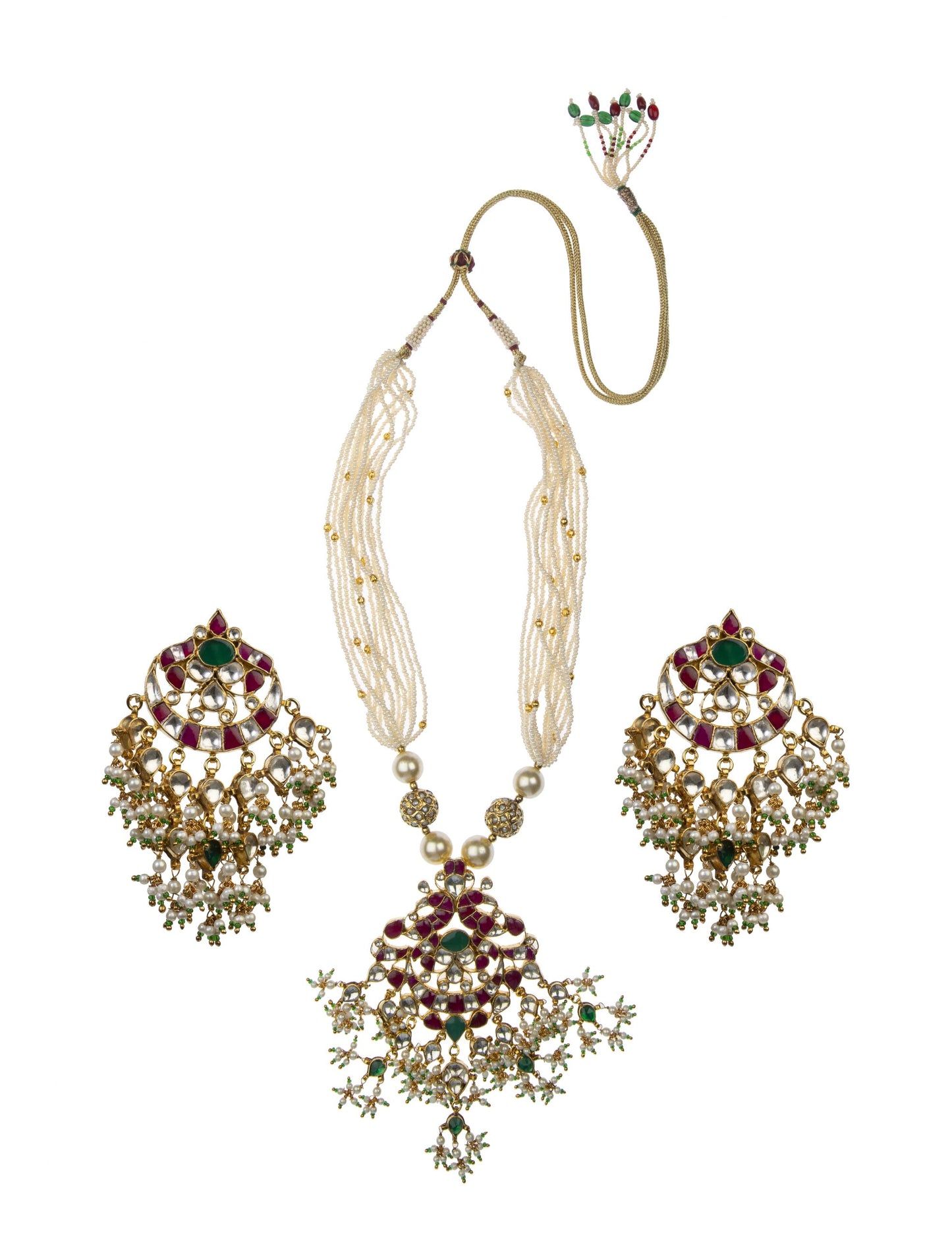 Gold Plated Pink and Green Pendant Set With Earrings