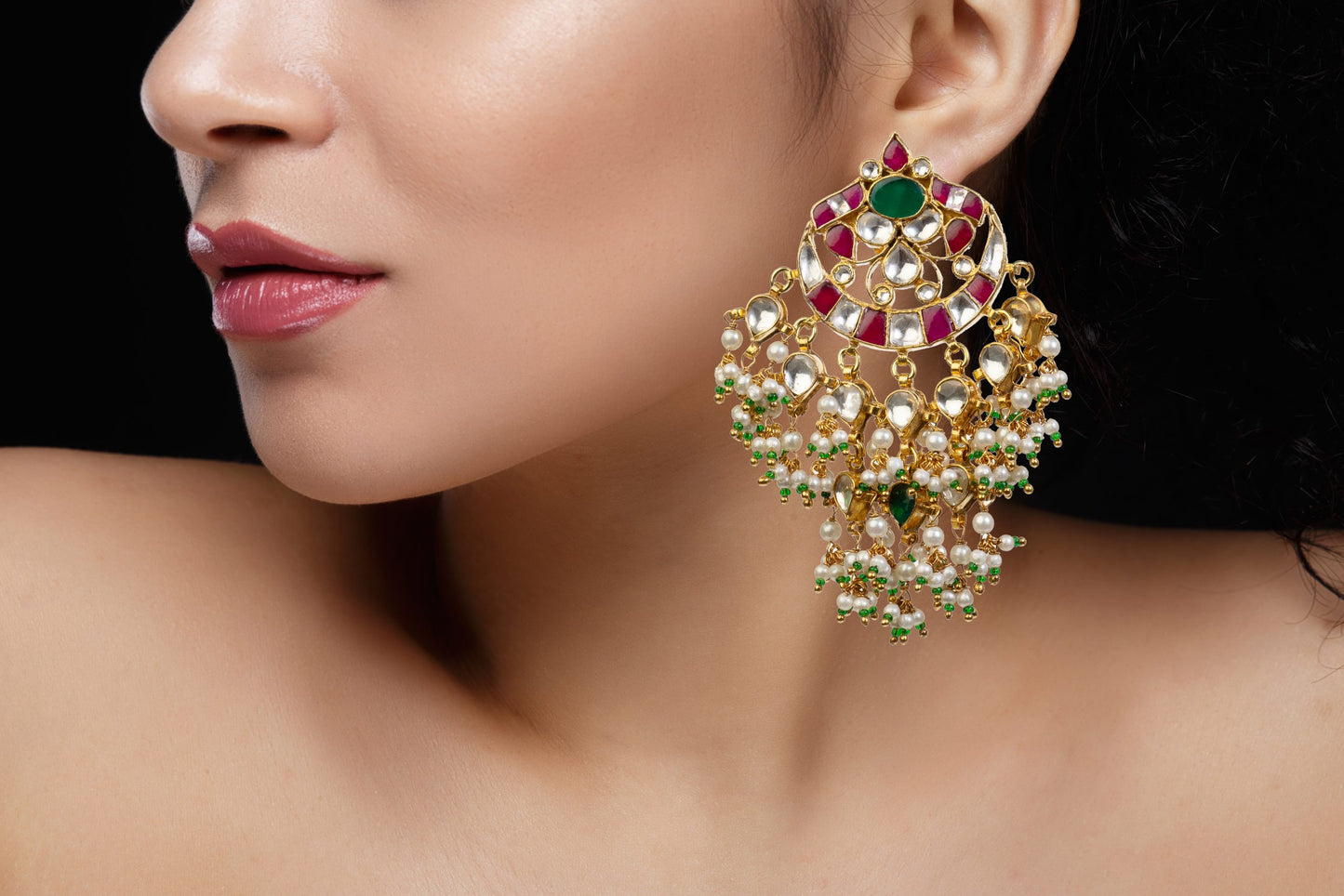 Gold Plated Pink and Green Pendant Set With Earrings