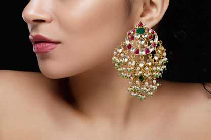 Gold Plated Pink and Green Pendant Set With Earrings