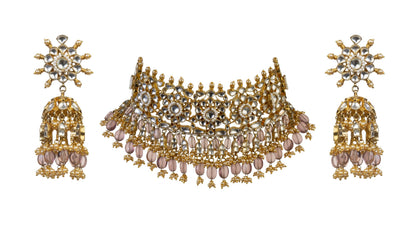 WHITE JADTAR STONE LIGHT PINK HANGINGS NECKLACE SET