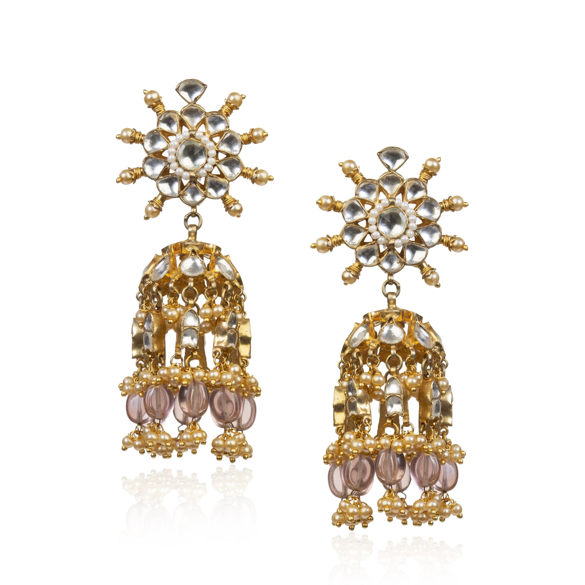 WHITE JADTAR STONE LIGHT PINK HANGINGS NECKLACE SET