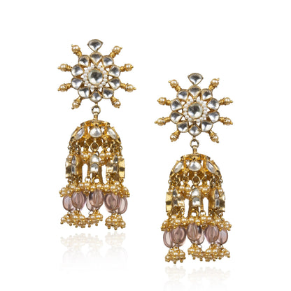 WHITE JADTAR STONE LIGHT PINK HANGINGS NECKLACE SET