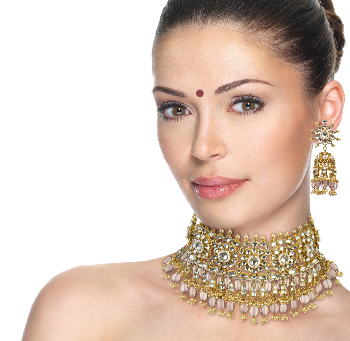 WHITE JADTAR STONE LIGHT PINK HANGINGS NECKLACE SET