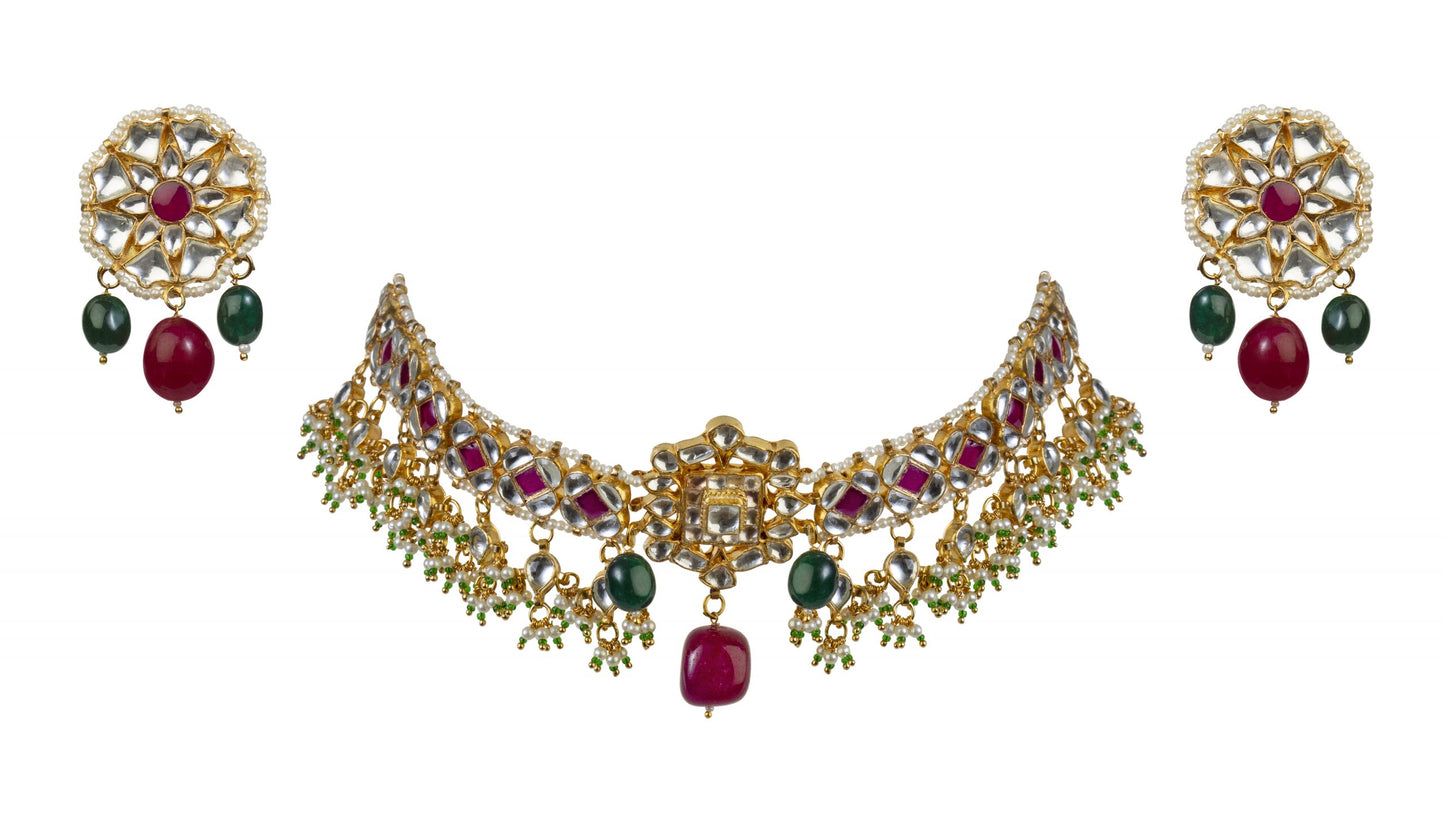 Gold Plated pink and white Stone Necklace Set
