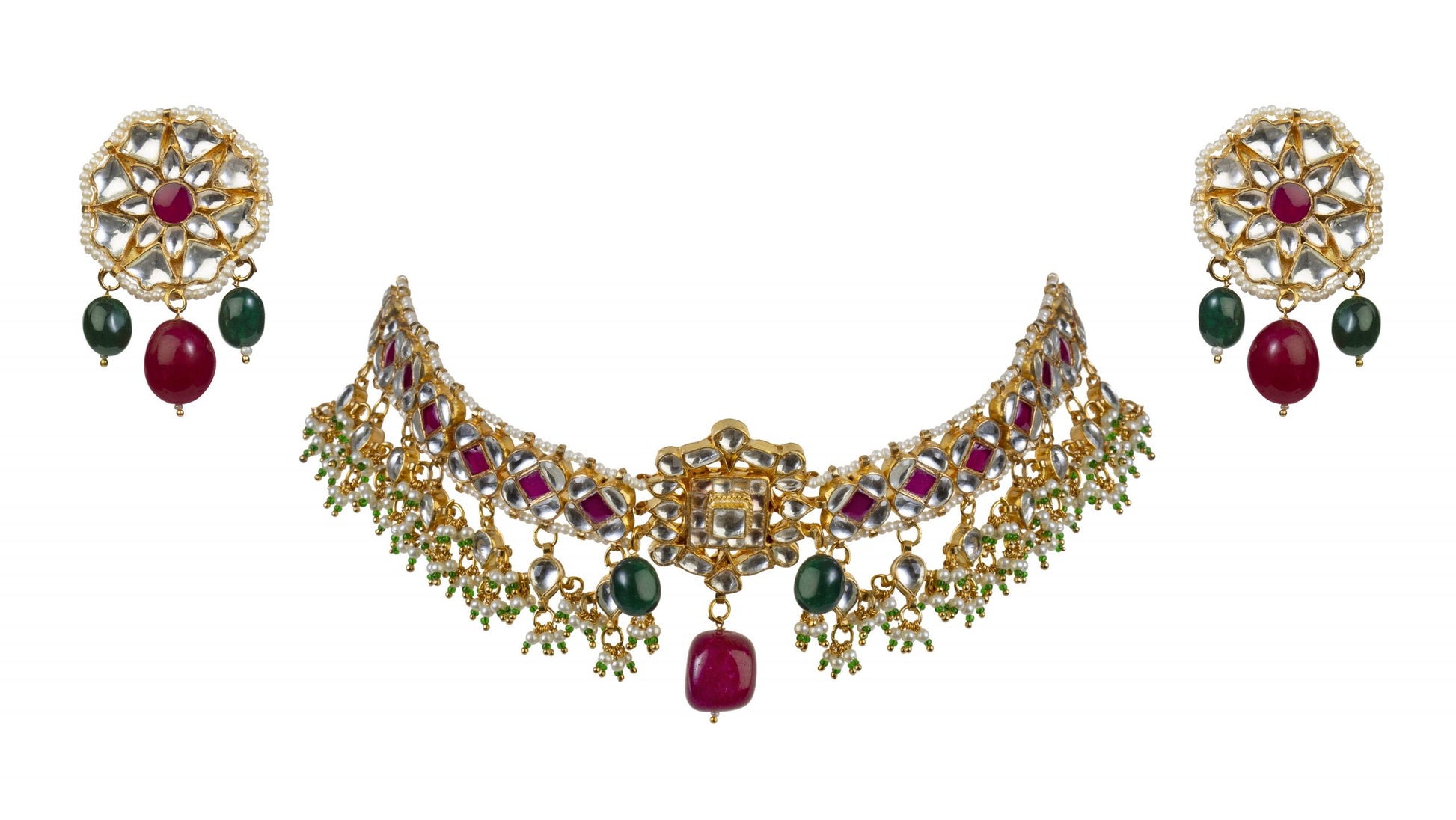 Gold Plated pink and white Stone Necklace Set