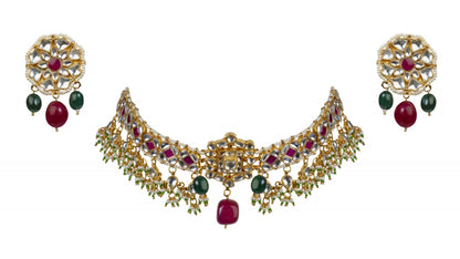 Gold Plated pink and white Stone Necklace Set