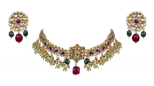 Gold Plated pink and white Stone Necklace Set