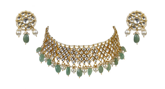 Gold Plated sea green choker Necklace set 
