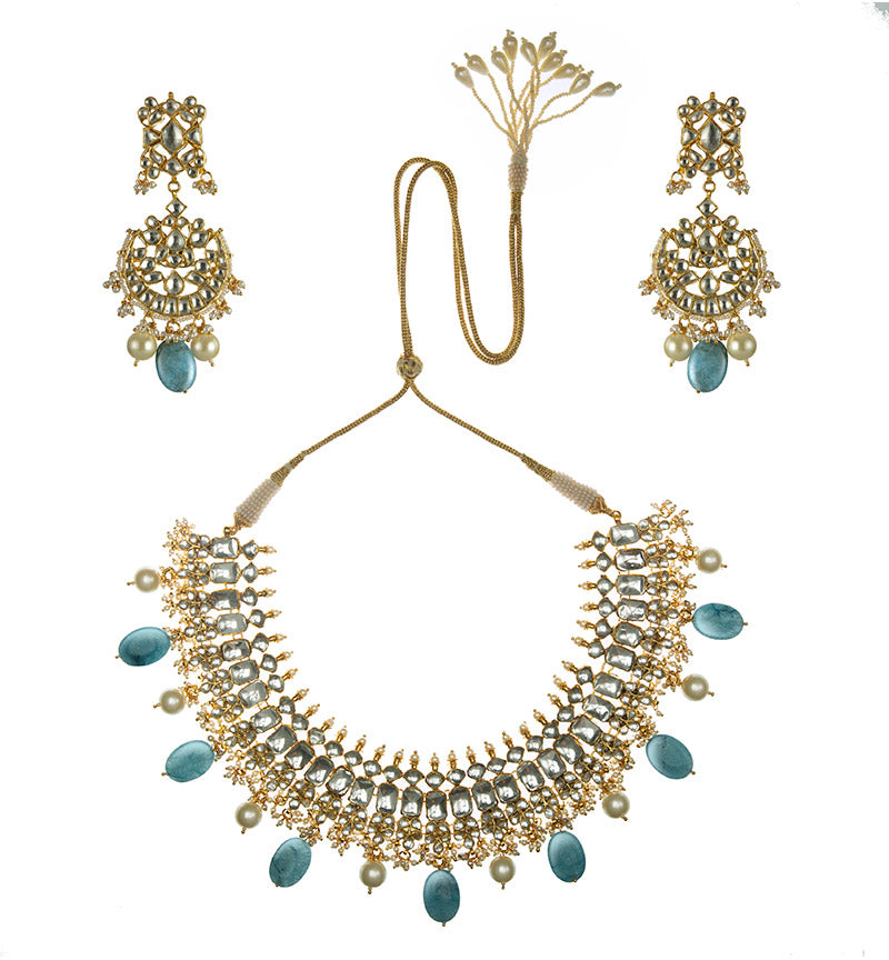 White & Sea blue pears studded necklace set