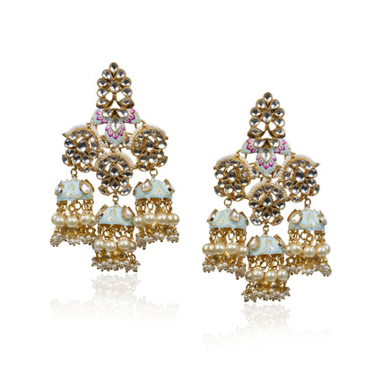 Gold Plated Pastel blue and pink meena work pendant Set