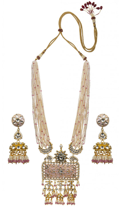 GOLD PLATED PASTEL PINK MEENA WORK PENDANT SET