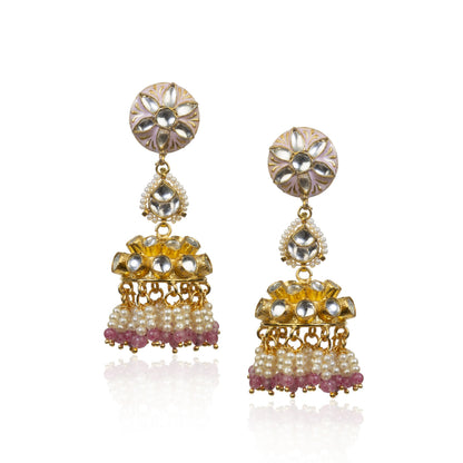 GOLD PLATED PASTEL PINK MEENA WORK PENDANT SET