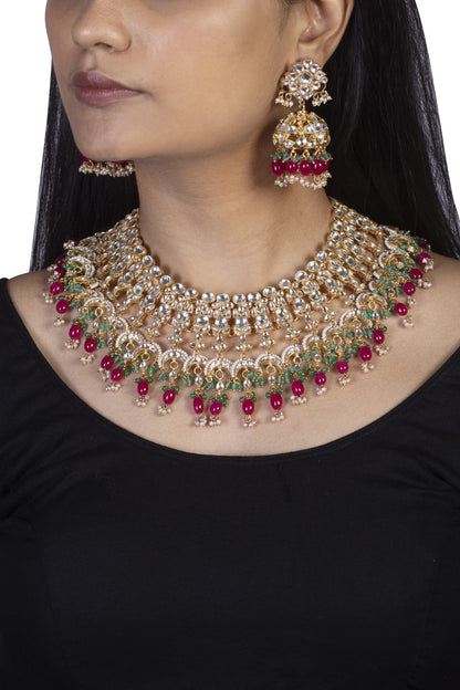uniquely beaded traditional necklace set in pink and green beads