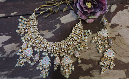 PINK AND WHITE MINA WORK NECKLACE SET WITH FIROZI HINT