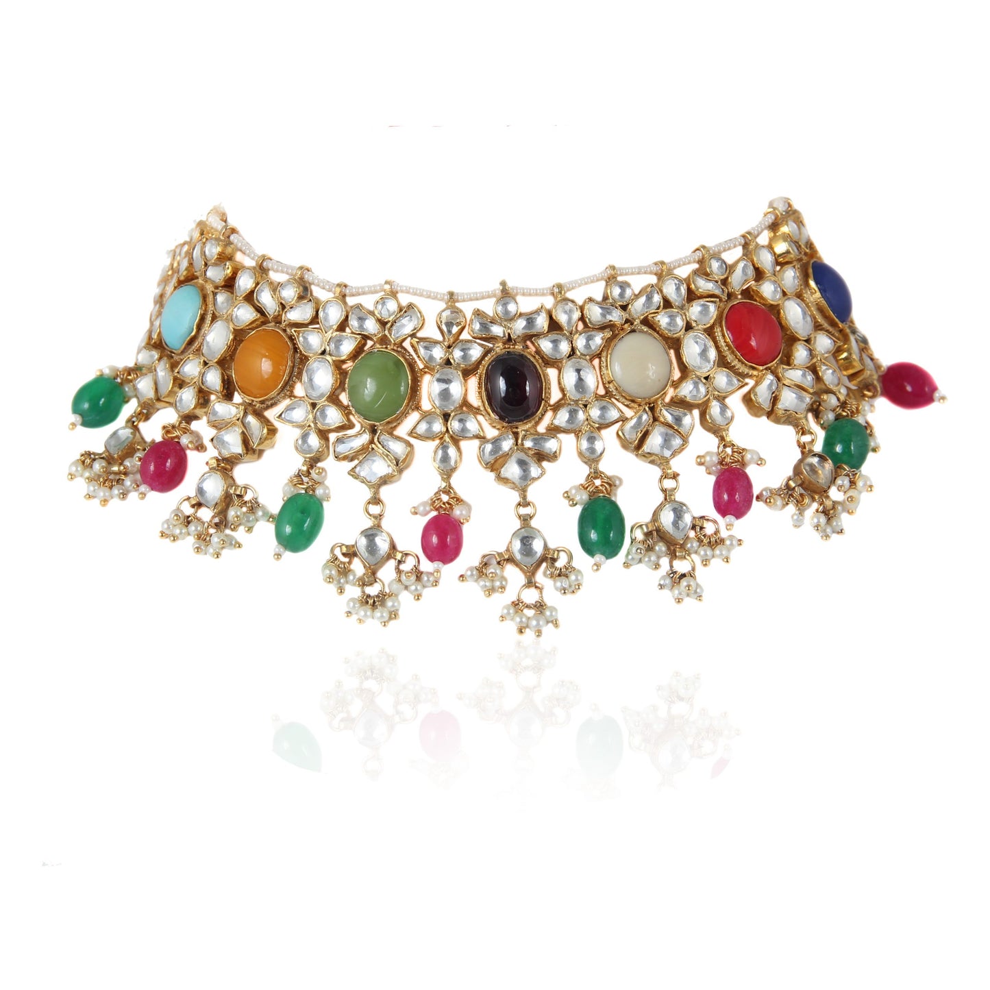 WHITE JADTAR STONE WITH NAVRTAN CHOKER SET WITH EARRINGS