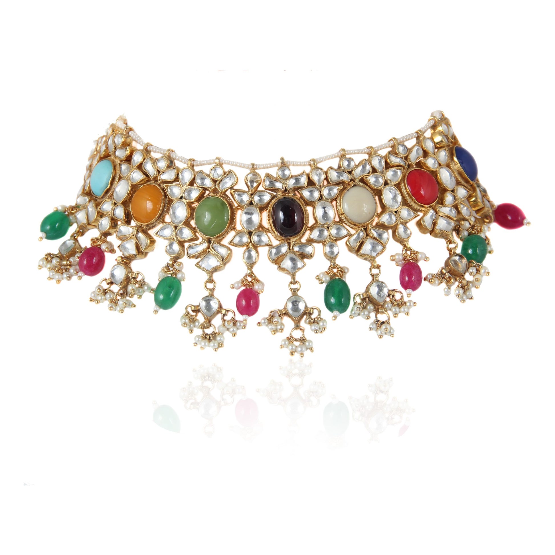 WHITE JADTAR STONE WITH NAVRTAN CHOKER SET WITH EARRINGS
