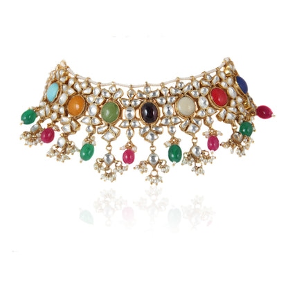 WHITE JADTAR STONE WITH NAVRTAN CHOKER SET WITH EARRINGS