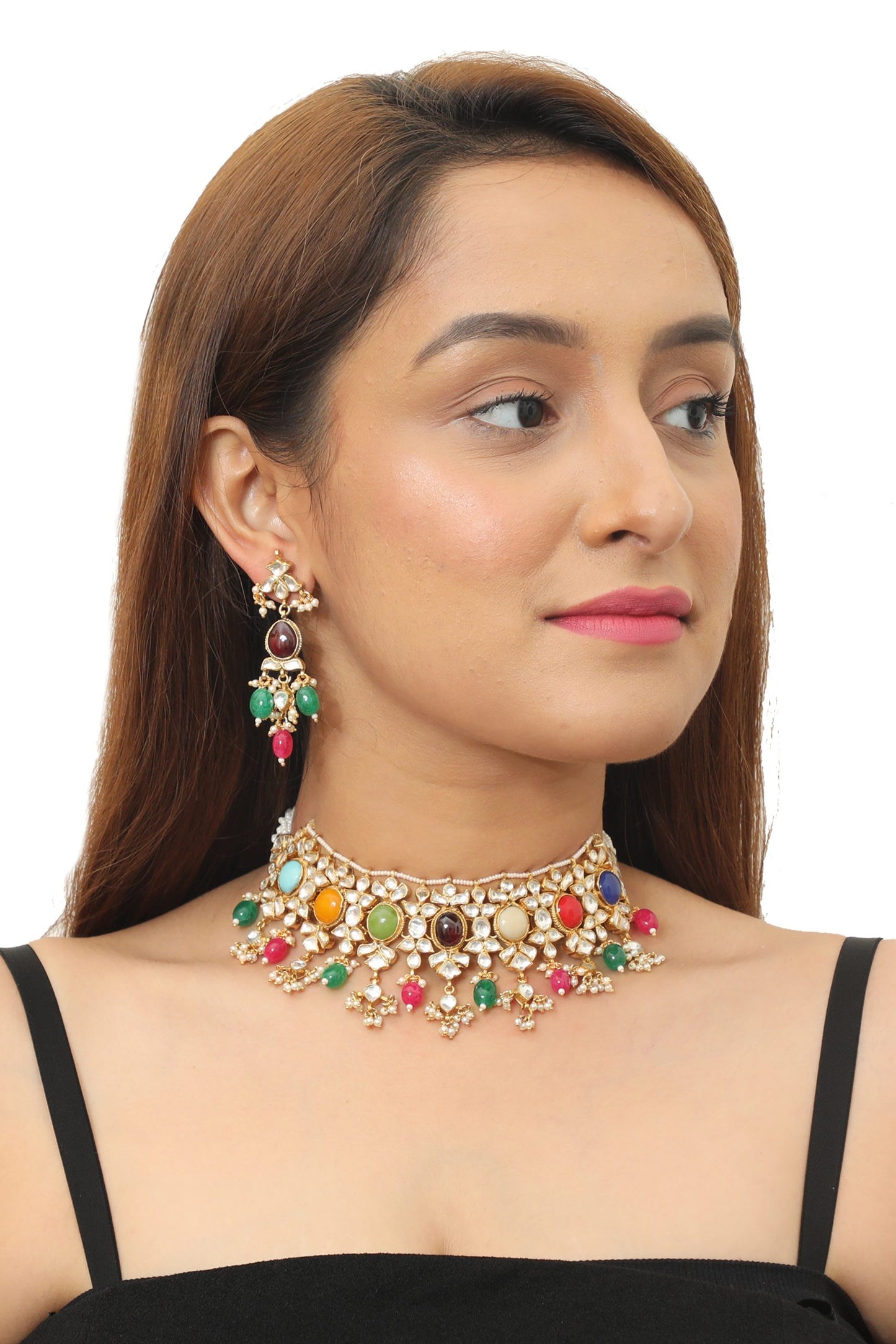 WHITE JADTAR STONE WITH NAVRTAN CHOKER SET WITH EARRINGS